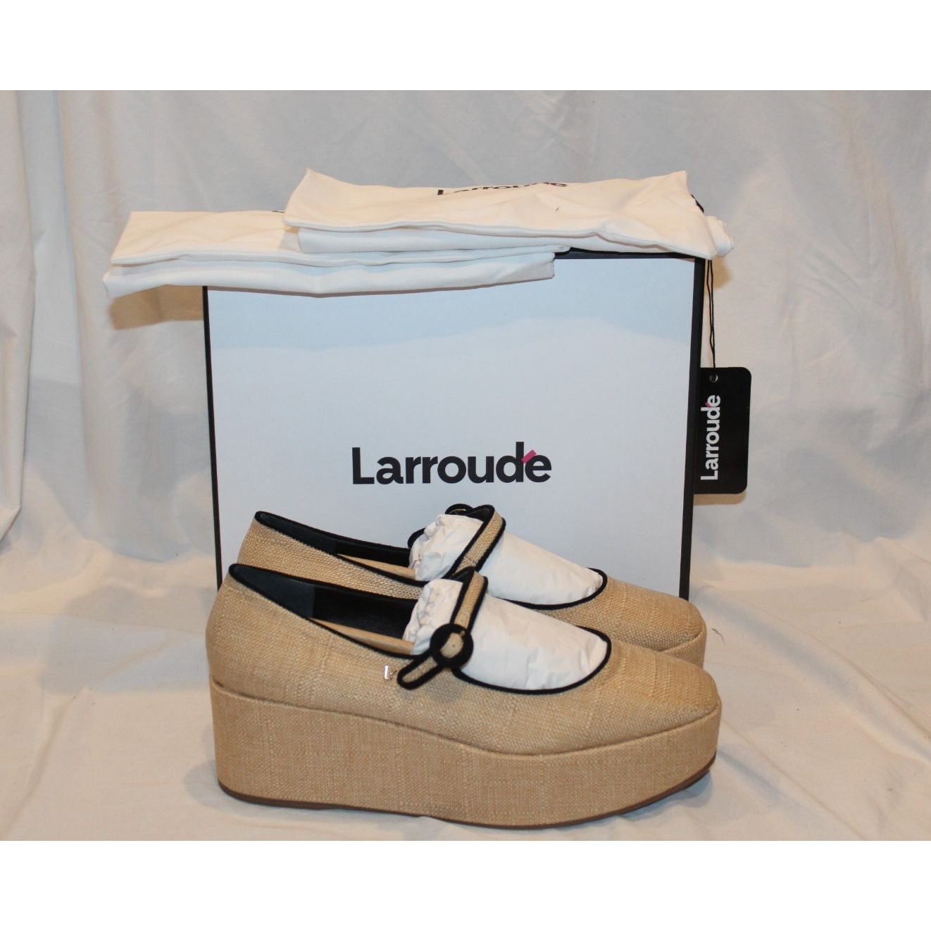 Larroude Women's Blair Raffia Mary Jane Platforms Beige Black New $330 Sz 11